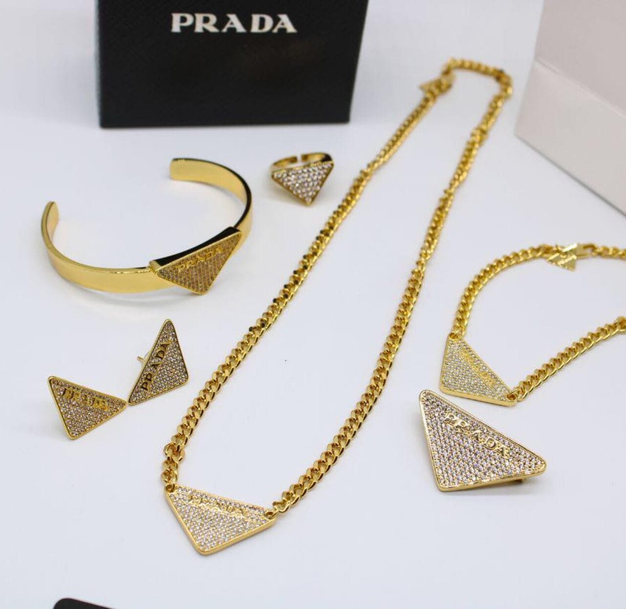 Prada Necklace Set Retro Gold Triangle